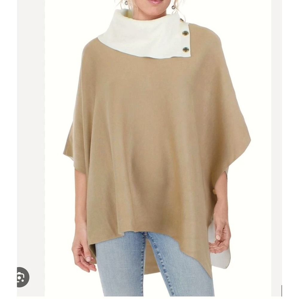 NWT Anne Klein Camel Beige Mock Neck Button‎ Poncho Sweater Women's Medium